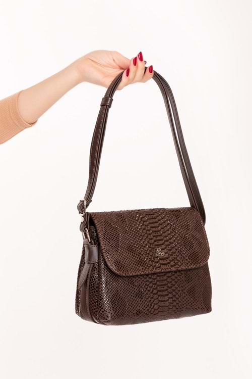 Gondol Yılan Deri Baskılı Şık Omuz Çanta ysm.2057 - Kahve Croco - TEK EBAT