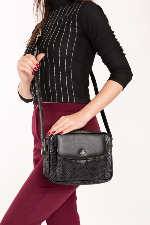 Gondol Yılan Deri Baskılı Şık Omuz Çanta ysm.1984 - Siyah Yılan - TEK EBAT