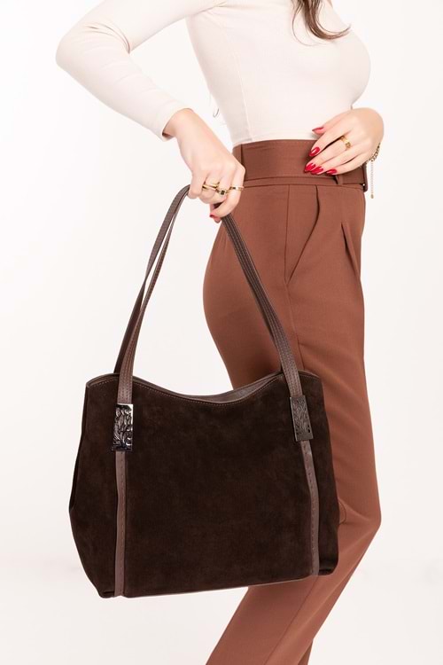 Gondol Kadın Hakiki Deri Süet Omuz Çanta ysm.2045 - Kahve Süet - TEK EBAT