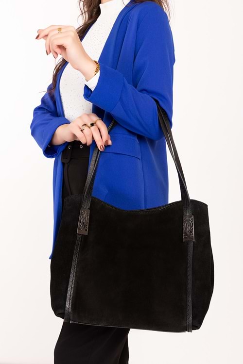 Gondol Kadın Hakiki Deri Süet Omuz Çanta ysm.2045 - Siyah Süet - TEK EBAT