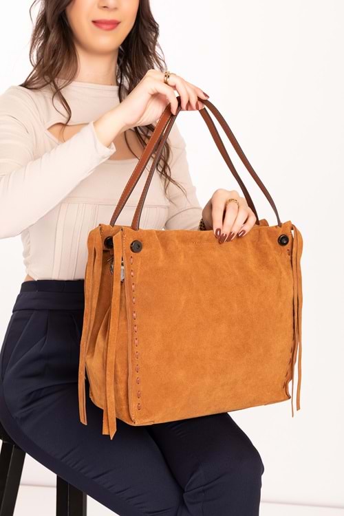 Gondol Kadın Hakiki Deri Süet Omuz Çanta ysm.1953 - Taba Süet - TEK EBAT