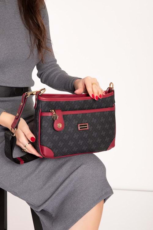 Gondol Kadın Şık Günlük Çapraz Çanta sp.1160 - Siyah-Bordo - TEK EBAT