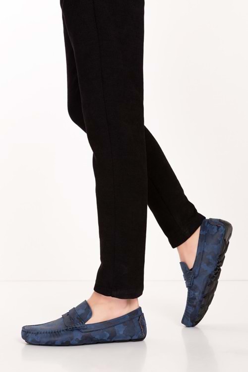 Gondol Erkek Hakiki Deri Esnek Taban Kamuflaj Desenli Loafer Ayakkabı tx.11873 - Lacivert - 40