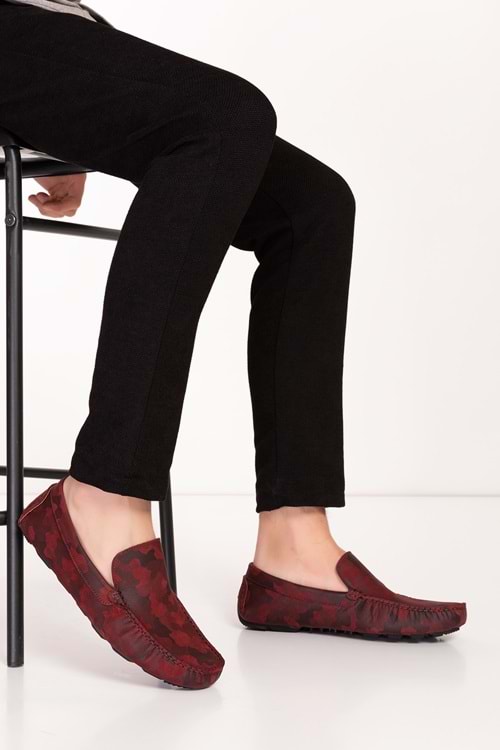 Gondol Erkek Hakiki Deri Esnek Taban Kamuflaj Desenli Loafer Ayakkabı tx.11870 - kırmızı - 42