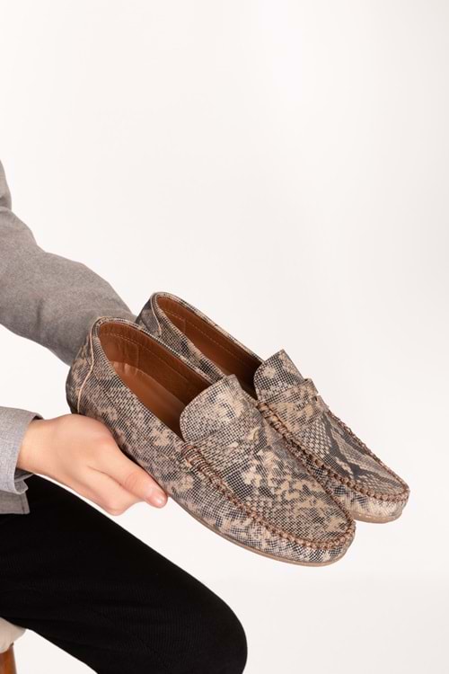 Gondol Erkek Hakiki Deri Hafif Taban Loafer Ayakkabı tx.13881 - Bej Yılan - 41