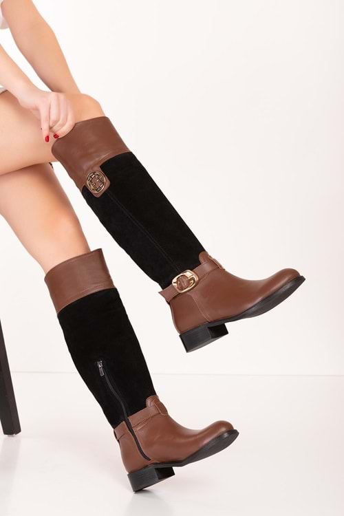 Gondol Hakiki Deri Renk Kombinli Şık Binici Çizme bel.1668 - Kahve Siyah - 37