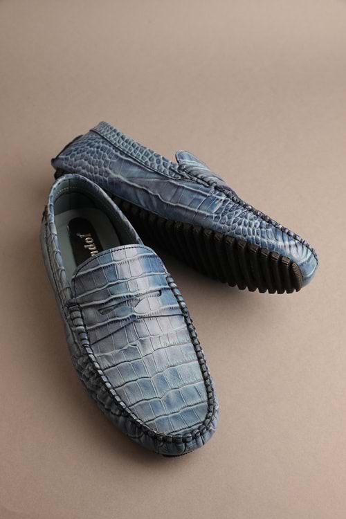 Gondol Erkek Hakiki Deri Klasik Loafer Mavi Croco 42 ttx.202