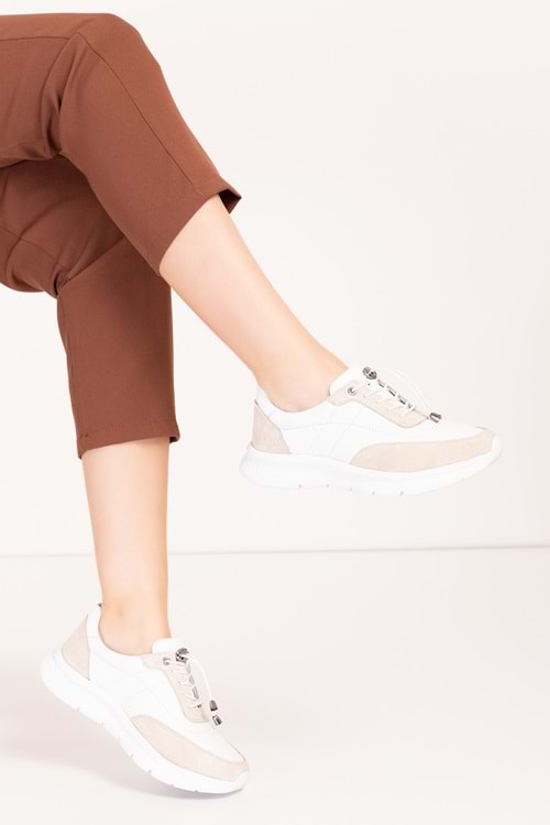 Gondol Içi Dışı Hakiki Deri Faylon Taban Hafif Spor Ayakkabı sc.1203 - Beyaz - Bej - 38