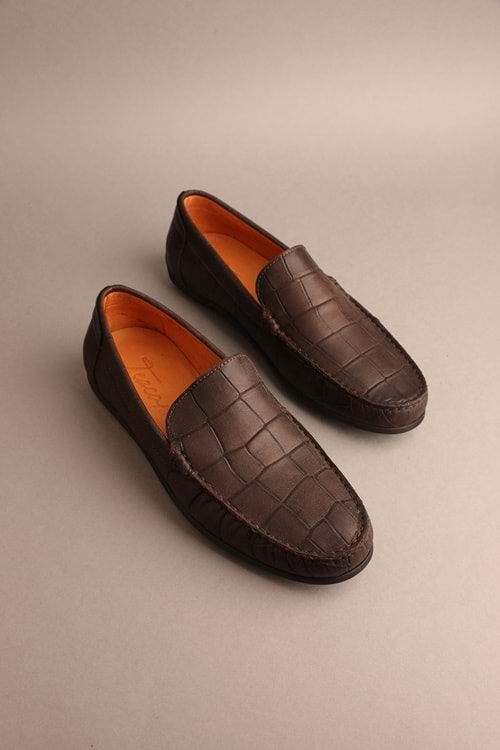 Gondol Erkek Hakiki Deri Klasik Loafer Kahverengi Croco 41 ttx.229