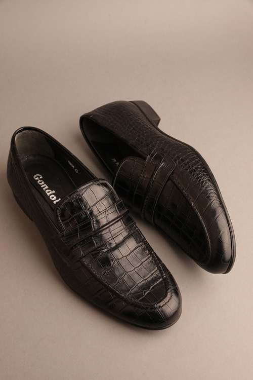 Gondol Erkek Hakiki Deri Klasik Kösele Siyah Croco 43 ttx.104