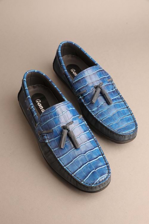 Gondol Erkek Hakiki Deri Klasik Loafer Mavi Croco 41 ttx.276