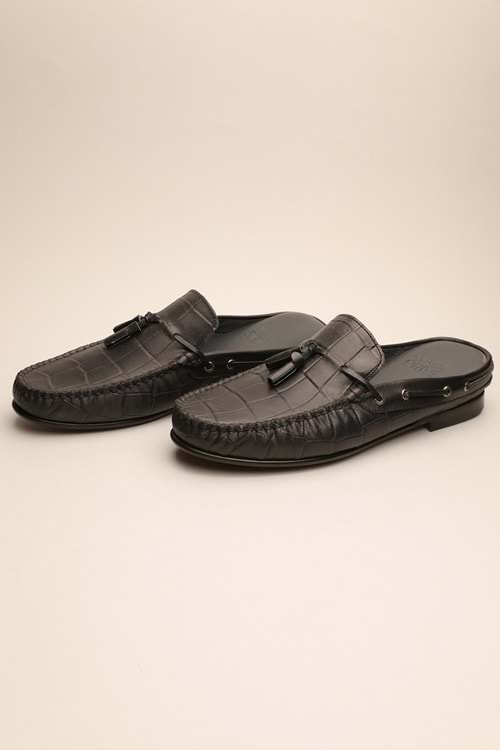 Gondol Erkek Hakiki Deri Klasik Terlik Siyah Croco 42 ttx.310