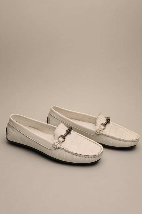 Gondol Kadın Hakiki Deri Klasik Loafer Beyaz Croco 37 ttx.782