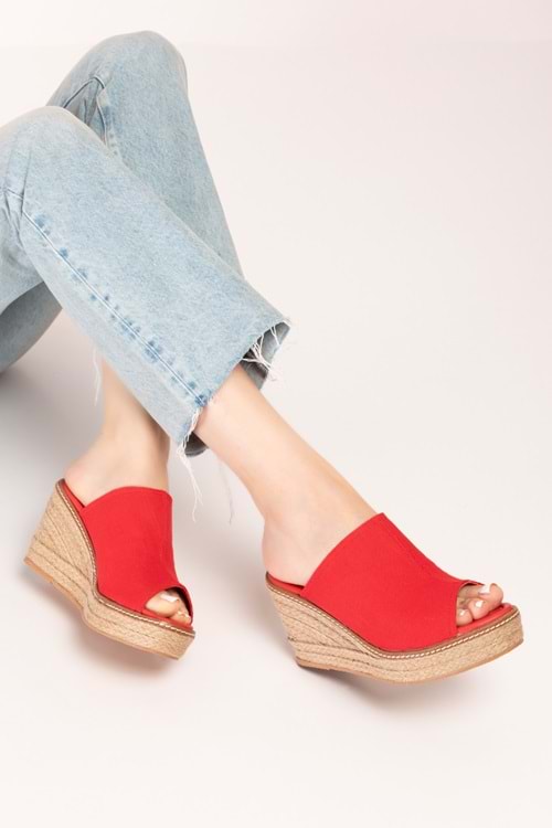 Gondol Kadın İçi Hakiki Deri Keten Dolgu Topuk Platform Sandalet ell.6948 - kırmızı - 34
