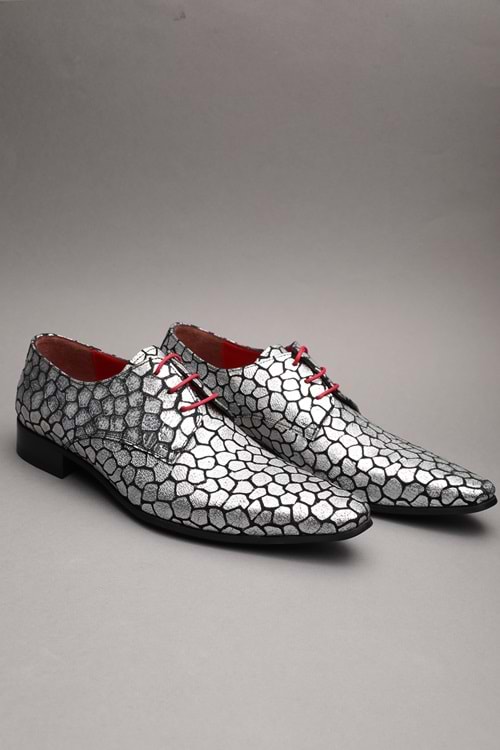 Gondol Erkek Hakiki Deri Sivri Burun Özel Deri Tasarımlı Kundura tz.610 - Gümüş - 40