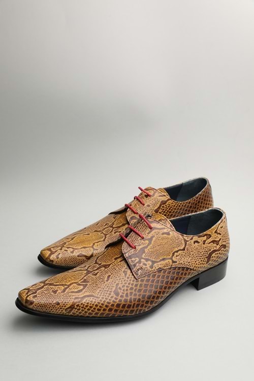 Gondol Erkek Hakiki Deri Sivri Burun Özel Deri Tasarımlı Kundura tz.611 - Sarı Yılan - 41