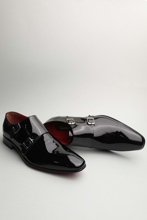 Gondol Erkek Hakiki Deri Sivri Burun Çift Toka Kundura tz.612 - siyah rugan - 41