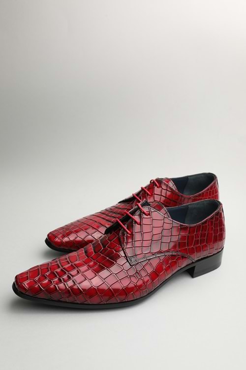 Gondol Erkek Hakiki Deri Sivri Burun Özel Deri Tasarımlı Kundura tz.613 - Kırmızı Croco - 40