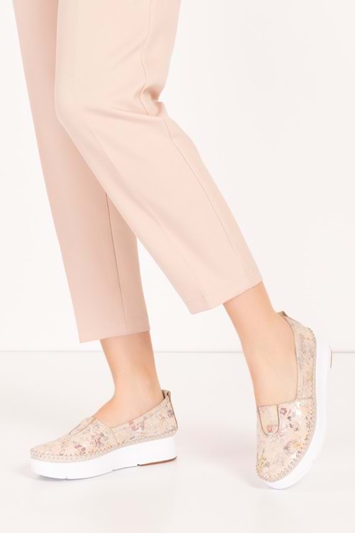 Gondol Hakiki Deri Rahat Yazlık Çiçek Desenli Ayakkabı kla.24 - Bej - 38