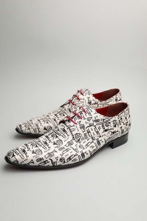 Gondol Erkek Hakiki Deri Sivri Burun Özel Deri Tasarımlı Kundura tz.616 - Beyaz Desen - 40