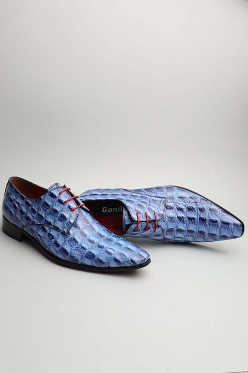 Gondol Erkek Hakiki Deri Sivri Burun Özel Deri Tasarımlı Kundura tz.617 - Mavi Croco - 40