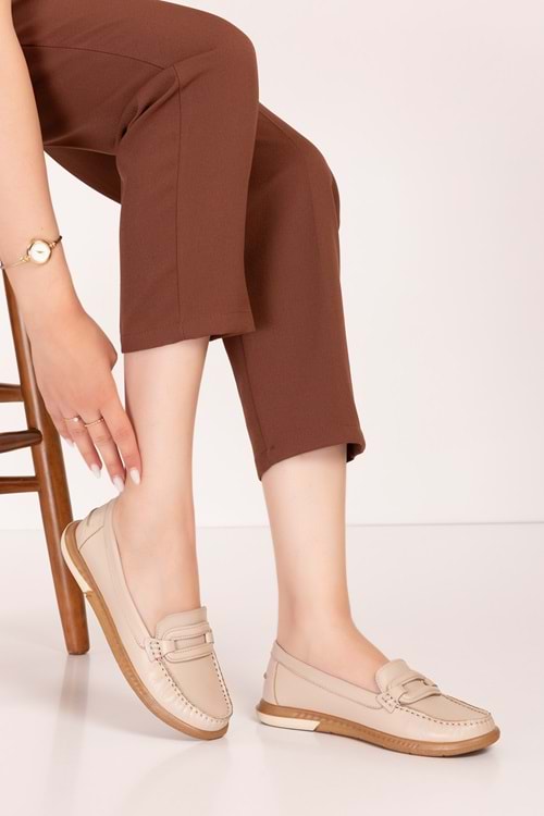 Gondol Kadın Hakiki Deri Günlük Rahat Klasik Ayakkabı hl.24105 - Bej - 36