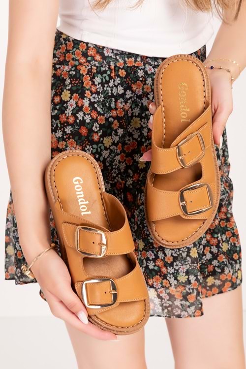 Gondol Kadın Hakiki Deri Çift Tokalı Gizli Cırtlı Günlük Rahat Terlik usl.2475 - Taba - 36