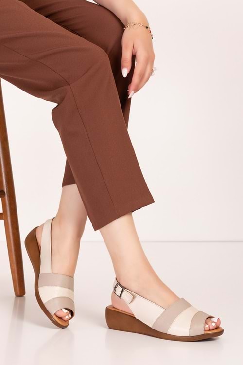 Gondol Hakiki Deri Dolgu Topuklu Rahat Anne Sandalet mlk.5814 - Bej Kombin - 36