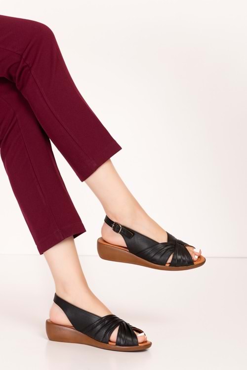 Gondol Hakiki Deri Dolgu Topuklu Rahat Anne Sandalet mlk.5813 - Siyah - 36