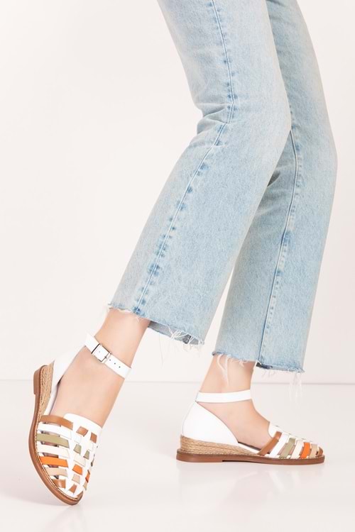 Gondol Kadın Hakiki Deri El Örgüsü Özel Hasır Sargılı Sandalet ell.7249 - Beyaz Kombin - 35