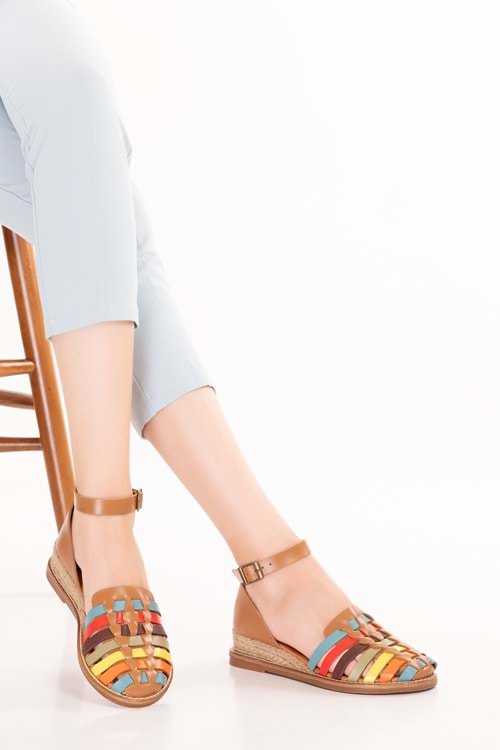 Gondol Kadın Hakiki Deri El Örgüsü Özel Hasır Sargılı Sandalet ell.7249 - Multi - 35