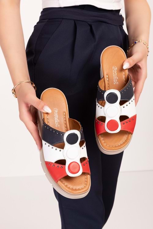 Gondol Hakiki Deri Renkli Kombin Dolgu Topuklu Terlik mlk.5805 - Tommy - 36