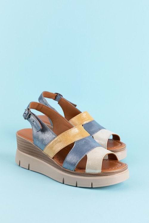 Gondol Hakiki Deri Renkli Kombin Dolgu Topuklu Sandalet mlk.5808 - Mavi Kombin - 36