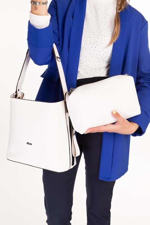 Gondol Kadın Çift Bölmeli El ve Omuz Çantası ald.6752 - Beyaz - TEK EBAT