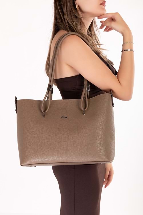 Gondol Kadın Çift Bölmeli El ve Omuz Çantası ald.6753 - Vizon - TEK EBAT