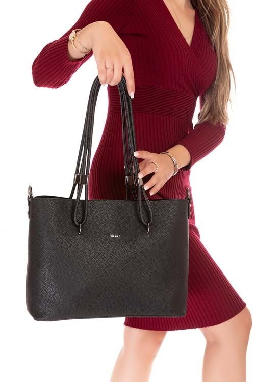 Gondol Kadın Çift Bölmeli El ve Omuz Çantası ald.6753 - Siyah - TEK EBAT