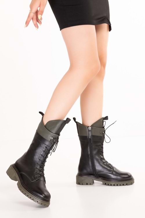 Gondol Kadın Hakiki Deri Postal Bot Rebecca - Siyah-Haki - 36