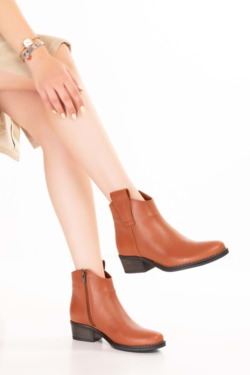 Gondol Hakiki Deri Günlük Kısa Topuklu Şık Bot Beatrix - Taba - 37