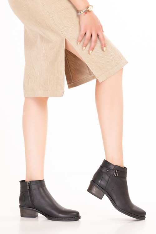 Gondol Hakiki Deri Günlük Kısa Topuklu Şık Bot Belinda - Siyah - 36