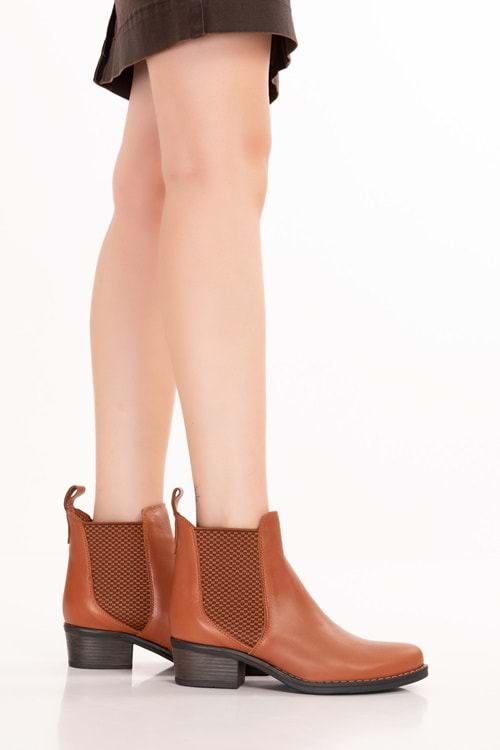 Gondol Hakiki Deri Günlük Kısa Topuklu Şık Bot Berenice - Taba - 39