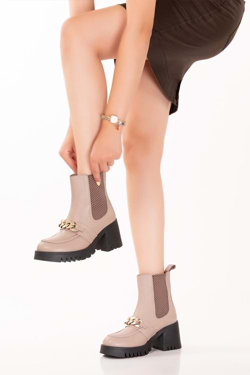 Gondol Hakiki Deri Kalın Topuklu Kauçuk Taban Şık Bot Benna - Bej - 38