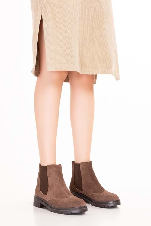 Gondol Kadın Hakiki Deri Yanları Lastikli Şık Bot Waleska - Vizon Süet - 35