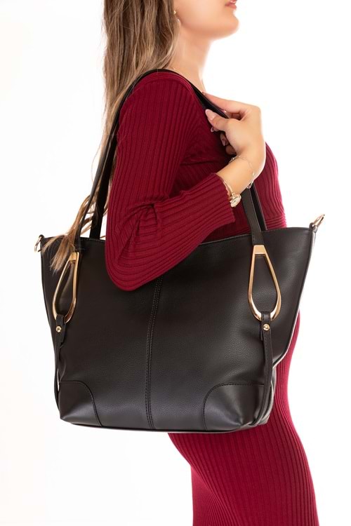 Gondol Kadın Çift Bölmeli El ve Omuz Çantası ars.856 - Siyah - TEK EBAT