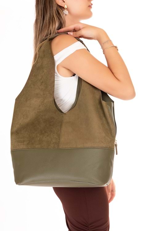 Gondol Kadın Süet Detaylı Omuz Çanta ars.1966 - Haki Süet - TEK EBAT