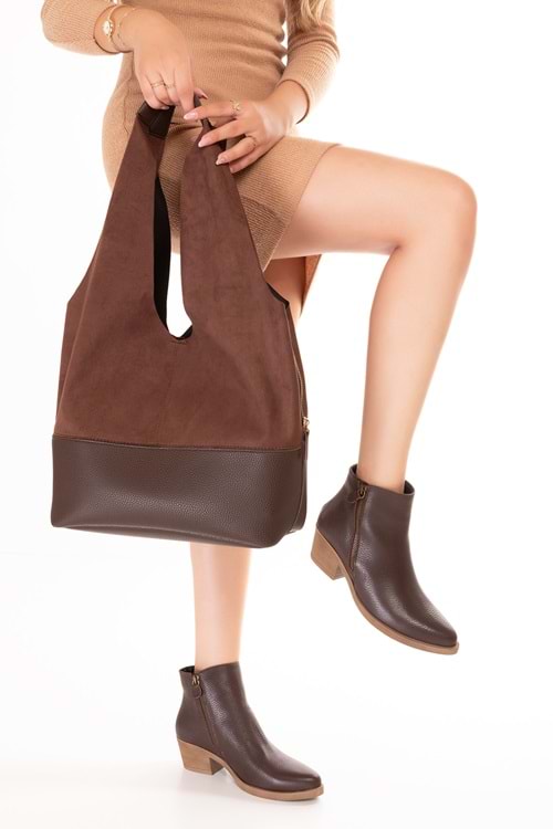 Gondol Kadın Süet Detaylı Omuz Çanta ars.1966 - Kahve Süet - TEK EBAT