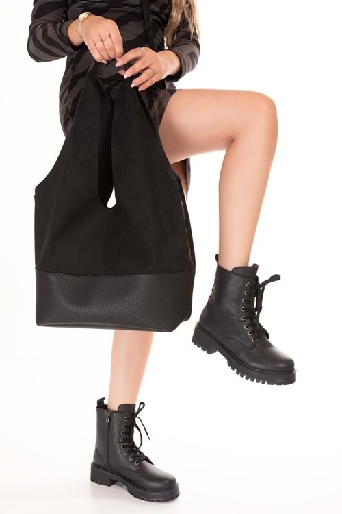 Gondol Kadın Süet Detaylı Omuz Çanta ars.1966 - Siyah Süet - TEK EBAT