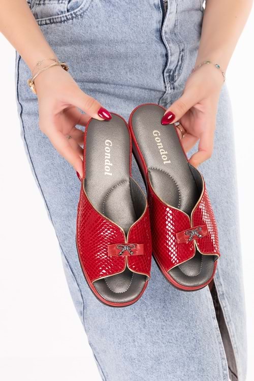 Gondol Hakiki Deri Şık Ev Terliği Blc.795 - Kırmızı Petek - 36