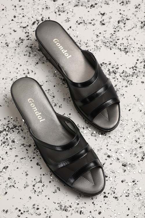 Gondol Hakiki Deri Fileli Şık Atom Ev Terliği Blc.26 - Siyah - 35