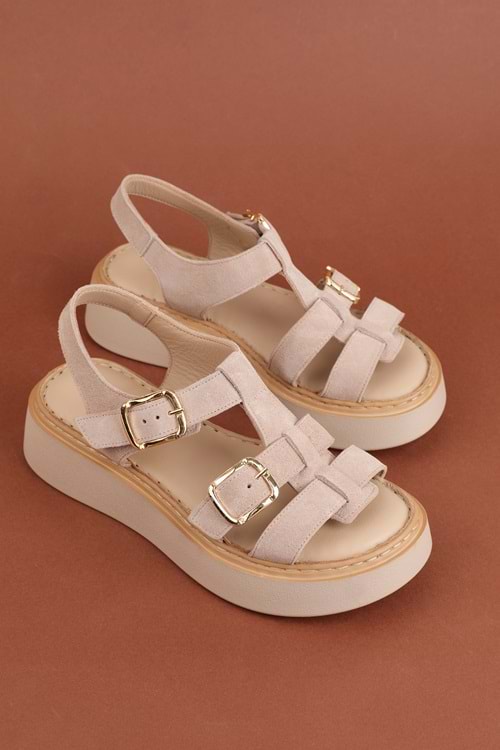 Gondol Hakiki Deri Rahat Günlük Sandalet asy.1169 - Bej Süet - 36