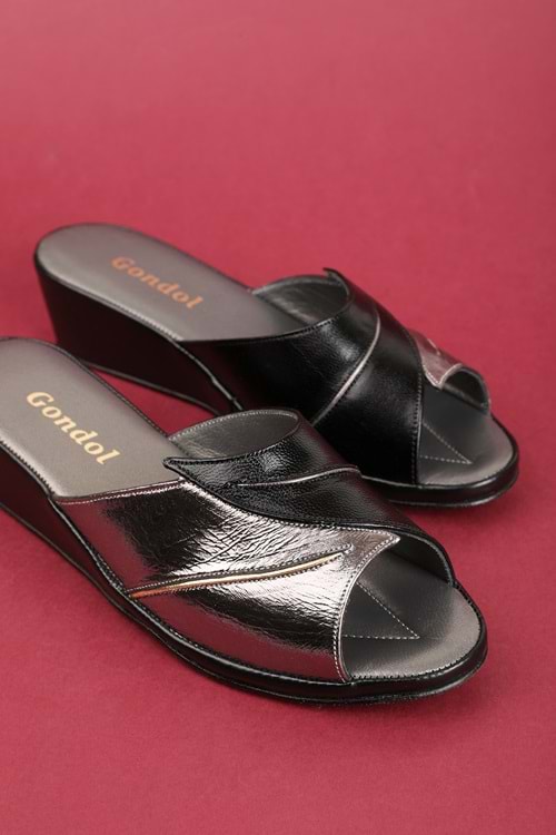 Gondol Hakiki Deri Şık Atom Ev Terliği Blc.17 - Siyah-Platin - 38